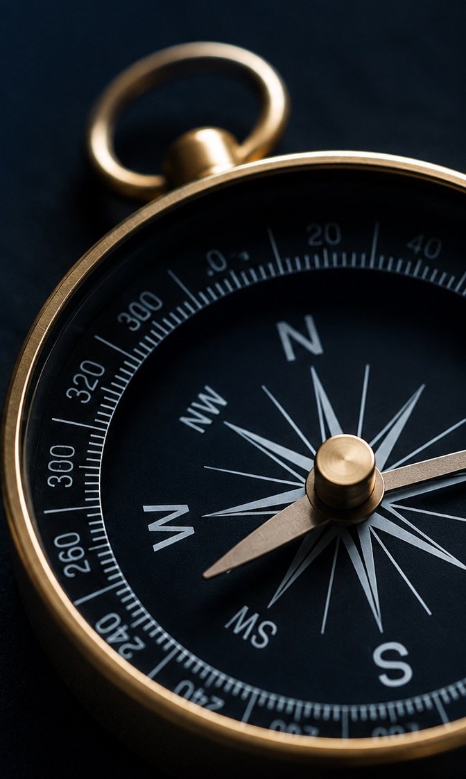 A brass compass on a dark navy surface