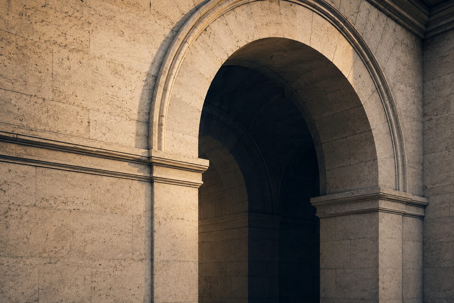 A limestone archway lit by warm, dramatic light